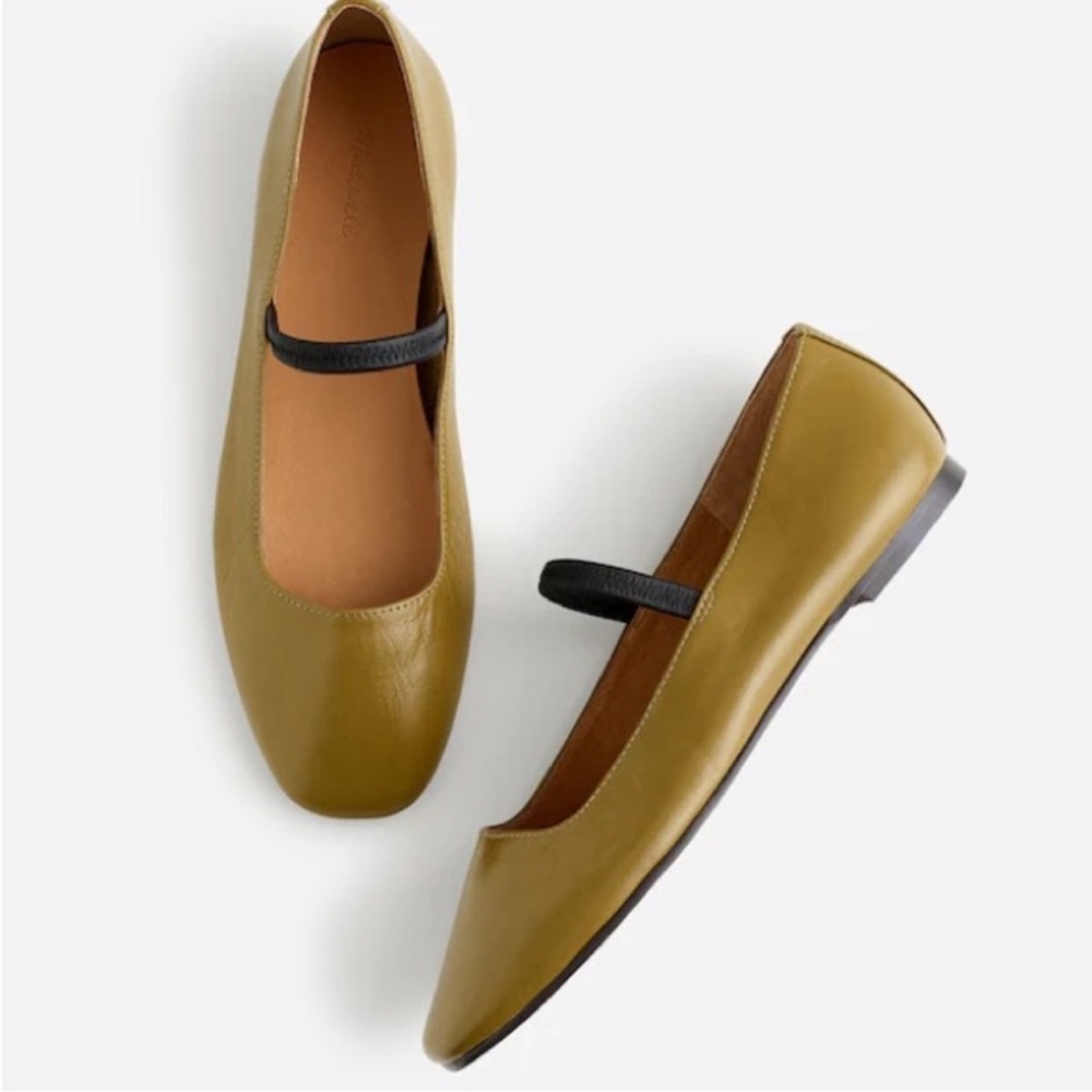 Madewell Olive Green Leather Mary Jane Flats with Black Strap